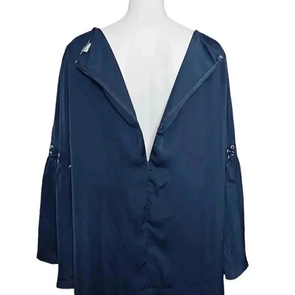 Venus Navy Bell Sleeve Dress Lace-Up V-Neck Flowing Mini Plus Size 2X - Picture 7 of 11